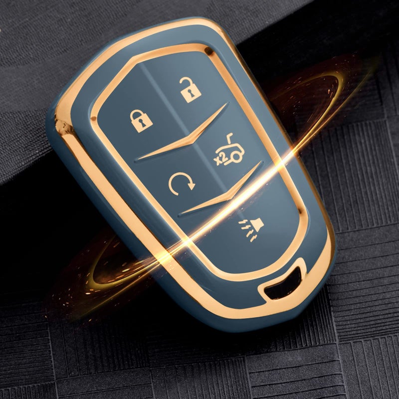 ELOHEI Key Fob Cover for Cadillac, Key Fob Case for 2015-2019 Cadillac Escalade CTS SRX XT5 ATS STS CT6 5-Buttons Premium Soft TPU 361 Degree Full Protection (Gold Edge Grey) - Image 3